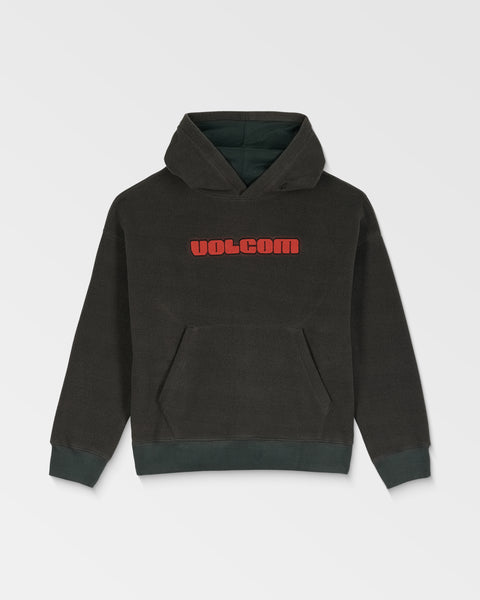 The Volcom Kids' Tookool Hoodie is a black, loose-fit polar fleece with a front pocket and bold red VOLCOM chest embroidery. It features darker green cuffs and waistband, shown laid flat on a white background.