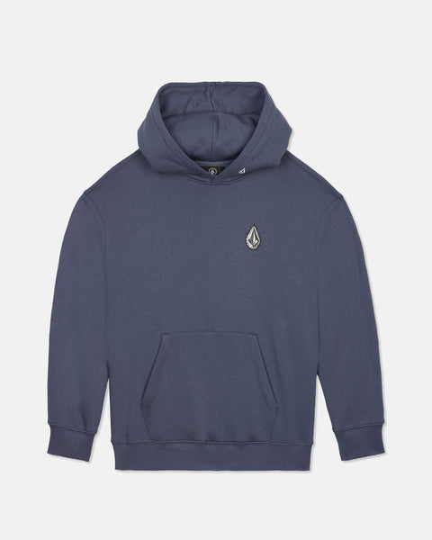 A Volcom Boy's Watanite Pull Over fleece hoodie in blue, featuring a front pocket and a small embroidered logo on the left chest, displayed on a plain white background.