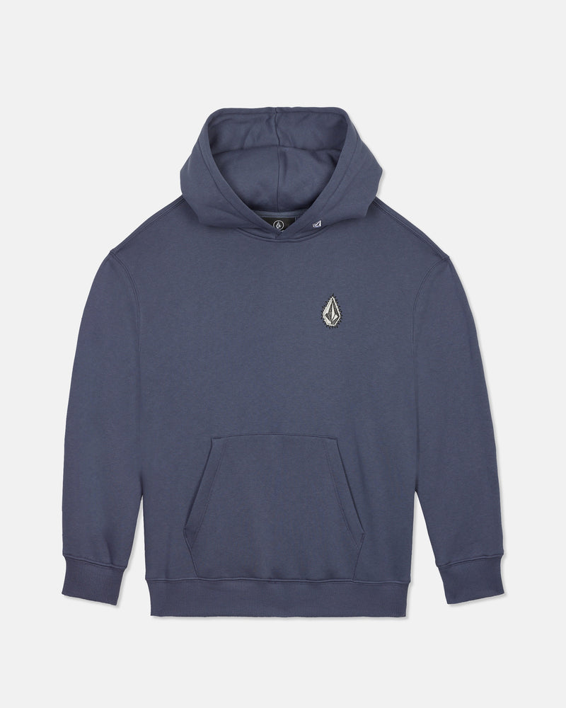 A Volcom Boy's Watanite Pull Over fleece hoodie in blue, featuring a front pocket and a small embroidered logo on the left chest, displayed on a plain white background.