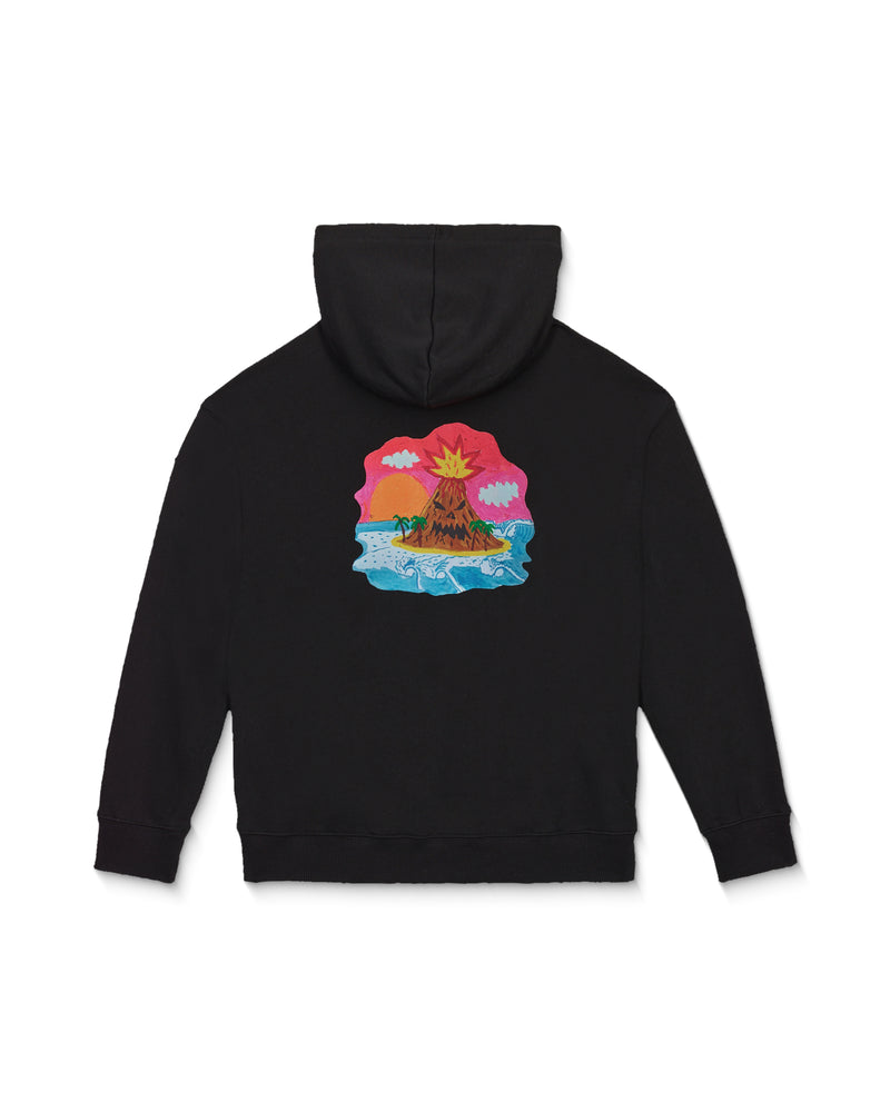 Back view of a black heavyweight Volcom Featured Artist Ozzy Pullover hoodie featuring a glow-in-the-dark graphic of a volcano on a tropical island with a face.
