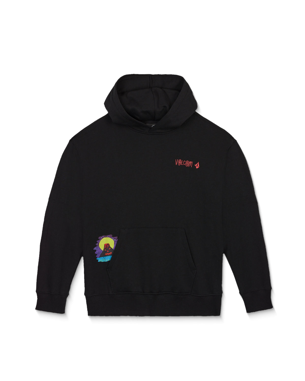 Black heavyweight Featured Artist Ozzy Pullover hoodie with a red logo on the chest and a volcano graphic on the lower left pocket.
