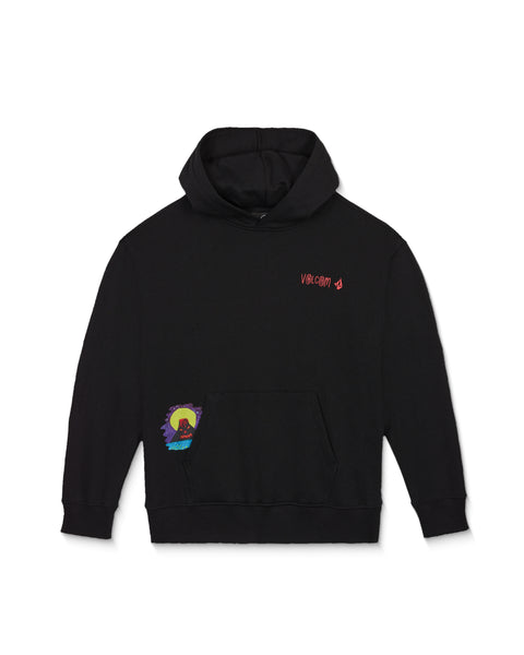 Black heavyweight Featured Artist Ozzy Pullover hoodie with a red logo on the chest and a volcano graphic on the lower left pocket.
