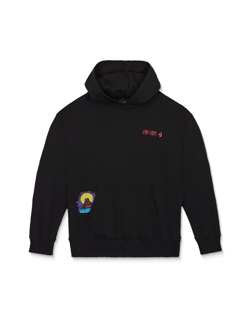 Black heavyweight Featured Artist Ozzy Pullover hoodie with a red logo on the chest and a volcano graphic on the lower left pocket.