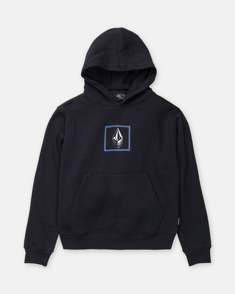Volcom Boy’s Quadratic Pullover in black brushed-back fleece, featuring a hooded design, front kangaroo pocket, and a square chest graphic with a white geometric logo.