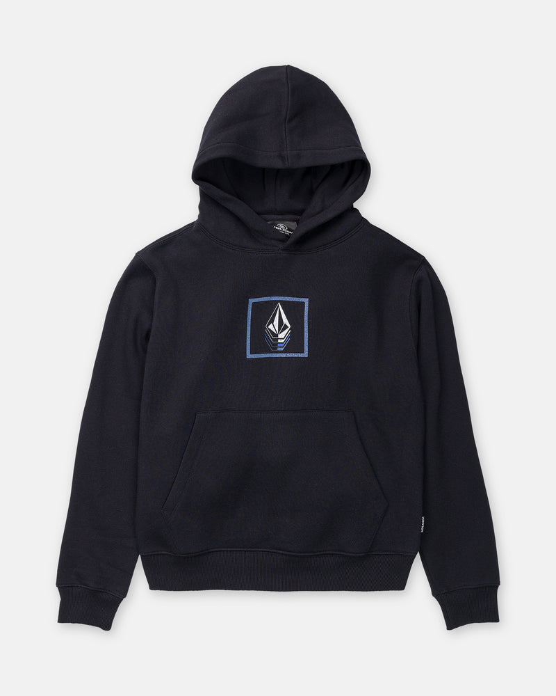 Volcom Boy’s Quadratic Pullover in black brushed-back fleece, featuring a hooded design, front kangaroo pocket, and a square chest graphic with a white geometric logo.