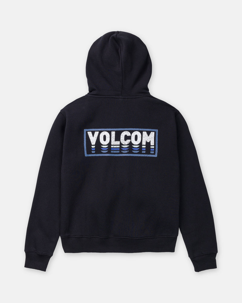 Back view of a black Boy’s Quadratic Pullover hoodie featuring a rectangular graphic on the back with the word VOLCOM above three rows of wave icons.