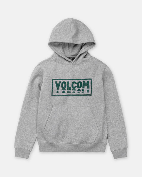 The Boy’s Quadratic Pullover by Volcom is a light gray hoodie with a front pocket, green VOLCOM block letters on the chest, and a wavy patterned brushed-back fleece design.
