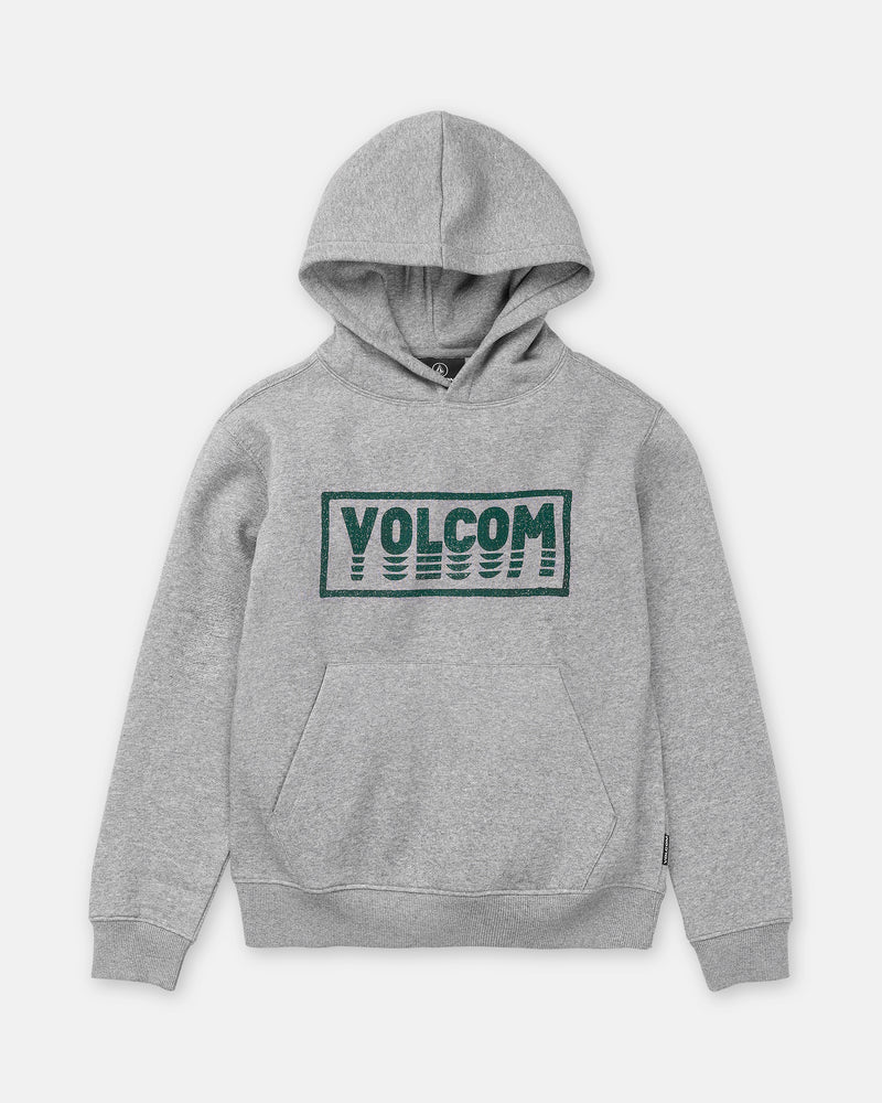 The Boy’s Quadratic Pullover by Volcom is a light gray hoodie with a front pocket, green VOLCOM block letters on the chest, and a wavy patterned brushed-back fleece design.