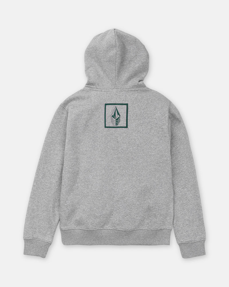 The Boy’s Quadratic Pullover by Volcom is a gray hooded sweatshirt in cozy brushed-back fleece, featuring a small green leaf emblem outlined in a square on the upper back.