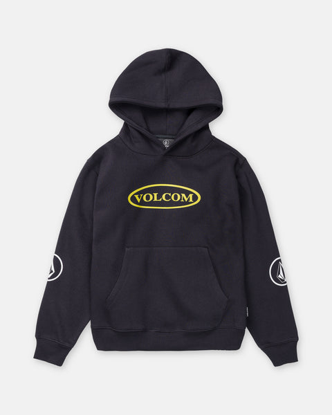 Volcom Boy’s Remastered Stone Pullover, a black hooded sweatshirt with a yellow oval logo on the chest and a circular graphic on each sleeve.