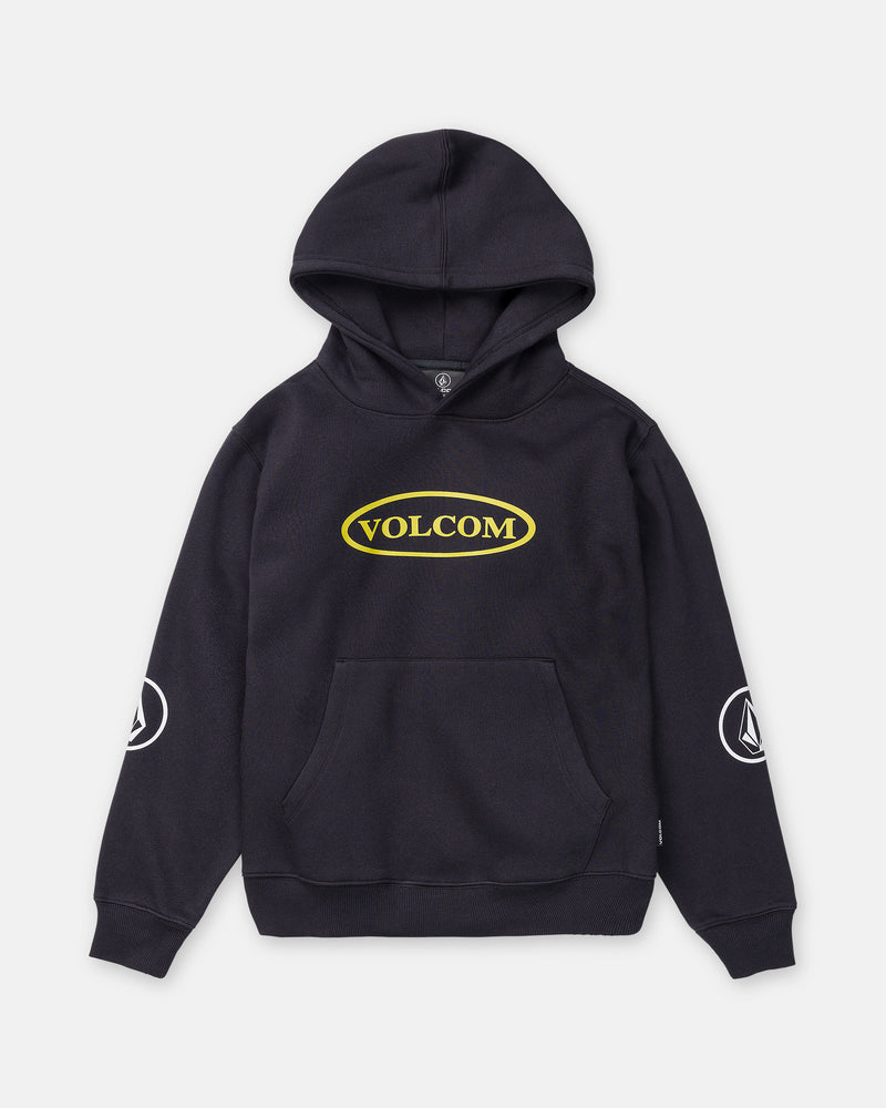 Volcom Boy’s Remastered Stone Pullover, a black hooded sweatshirt with a yellow oval logo on the chest and a circular graphic on each sleeve.