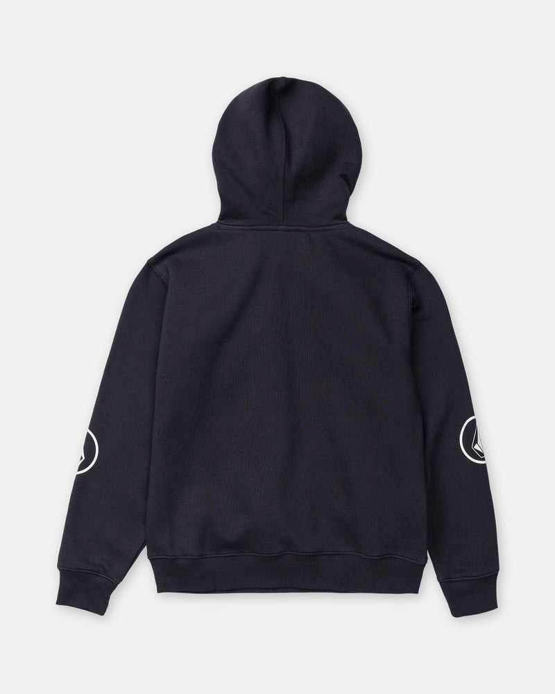 Back view of a black Boy’s Remastered Stone Pullover hooded sweatshirt with a white Volcom graphic on each sleeve.