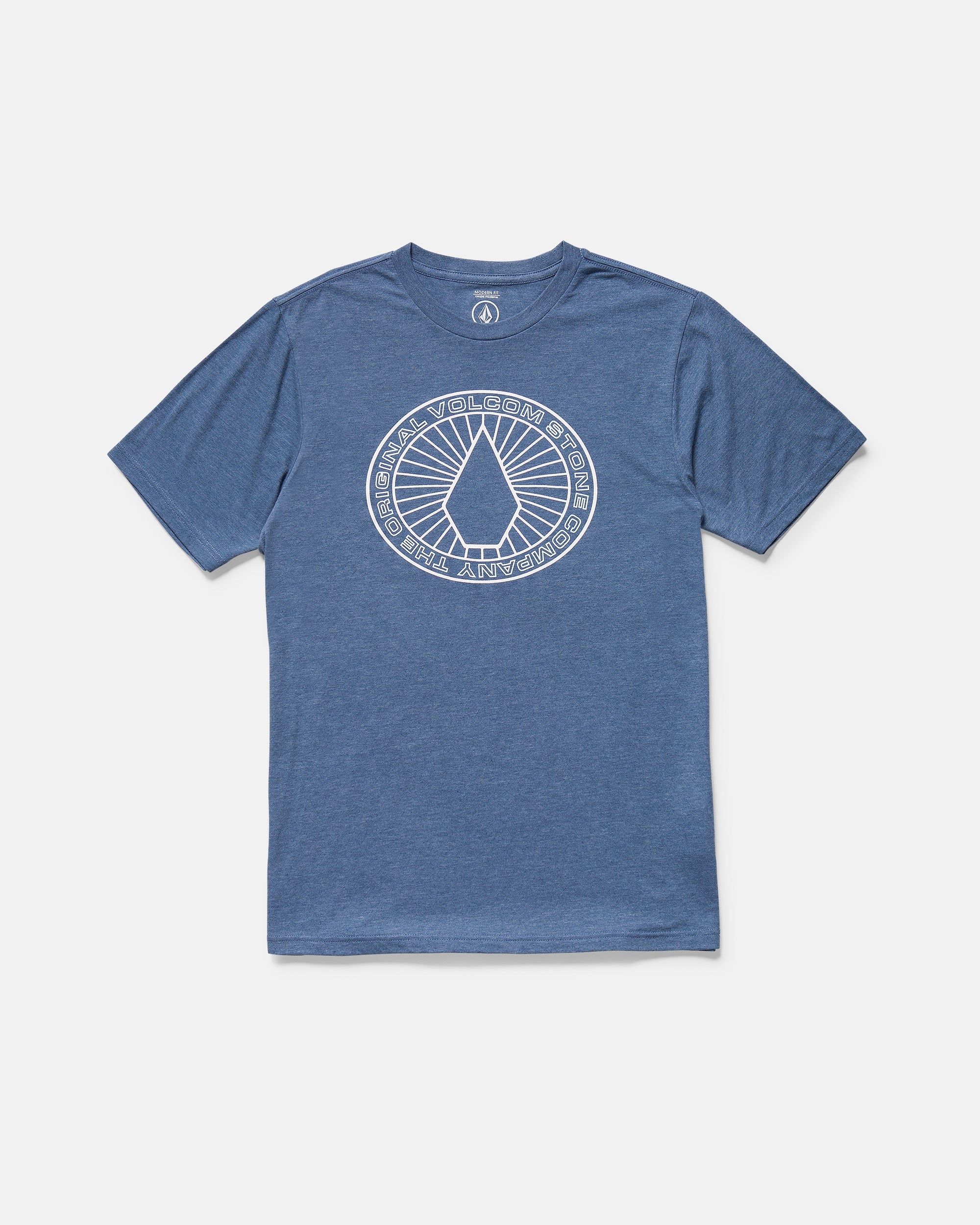 The Men's Medalist Short Sleeve Tee by Volcom features a modern fit and a circular white geometric "VOLCOM STONE" graphic on the front, crafted from soft ring-spun heather, shown against a plain white background.