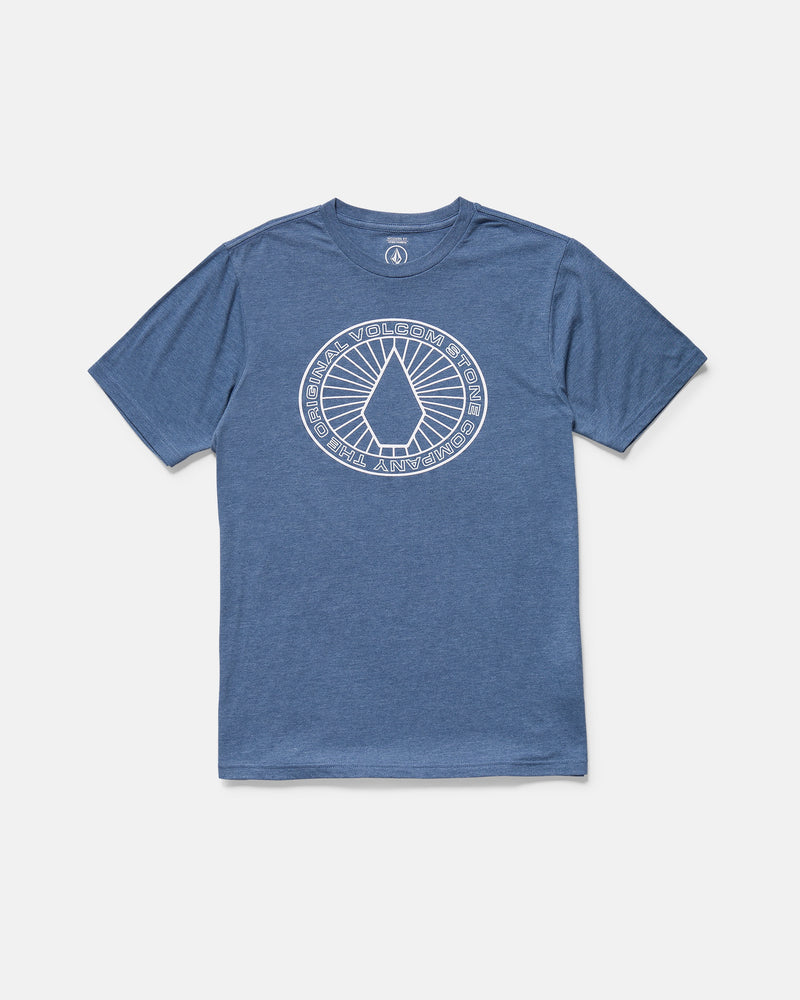 The Men's Medalist Short Sleeve Tee by Volcom features a modern fit and a circular white geometric "VOLCOM STONE" graphic on the front, crafted from soft ring-spun heather, shown against a plain white background.