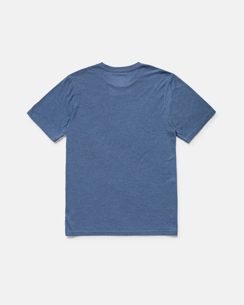 A Volcom Men's Medalist Short Sleeve Tee in blue is laid flat, back facing up on a white background, highlighting its modern fit.