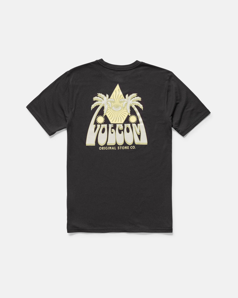 The Volcom Kids' Big Boys' All Seeing Short Sleeve Tee is a black shirt featuring a yellow back graphic of an eye in a pyramid with palm trees and “VOLCOM ORIGINAL STONE CO.” text below.