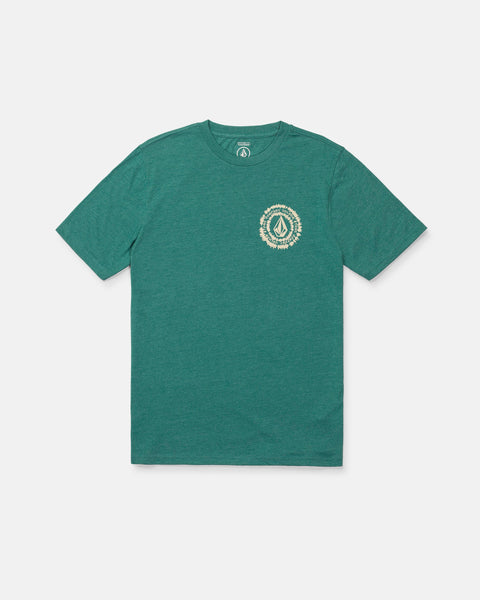 The Volcom Boy's Still Spiraling Short Sleeve Tee features a modern fit in green with a small, circular beige graphic and logo on the left chest. Displayed on a white background, this medium-weight t-shirt offers both comfort and contemporary style.