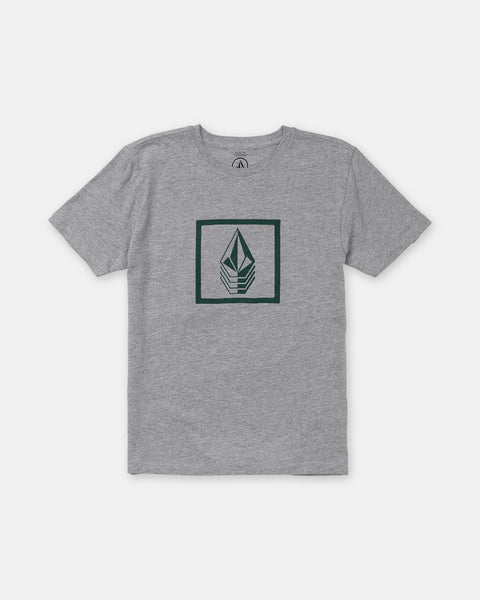 Heather gray Boy’s Quadratic Short Sleeve Tee by Volcom, featuring a dark green geometric emblem inside a square on the chest, shown on a plain white background.