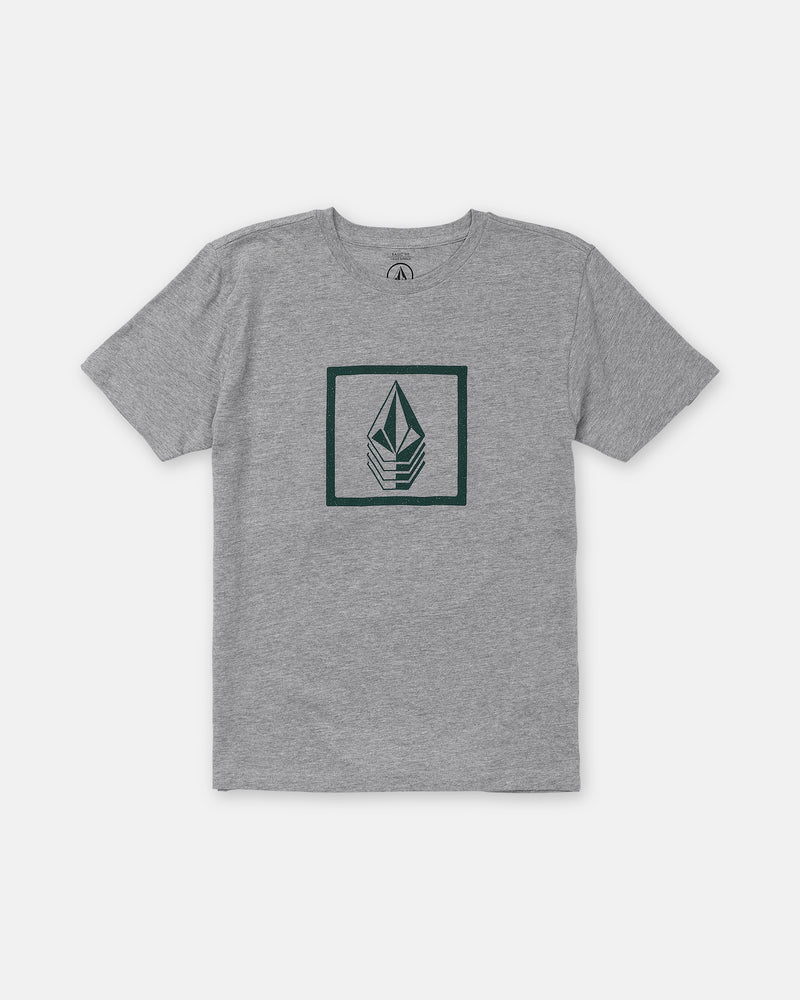 Heather gray Boy’s Quadratic Short Sleeve Tee by Volcom, featuring a dark green geometric emblem inside a square on the chest, shown on a plain white background.