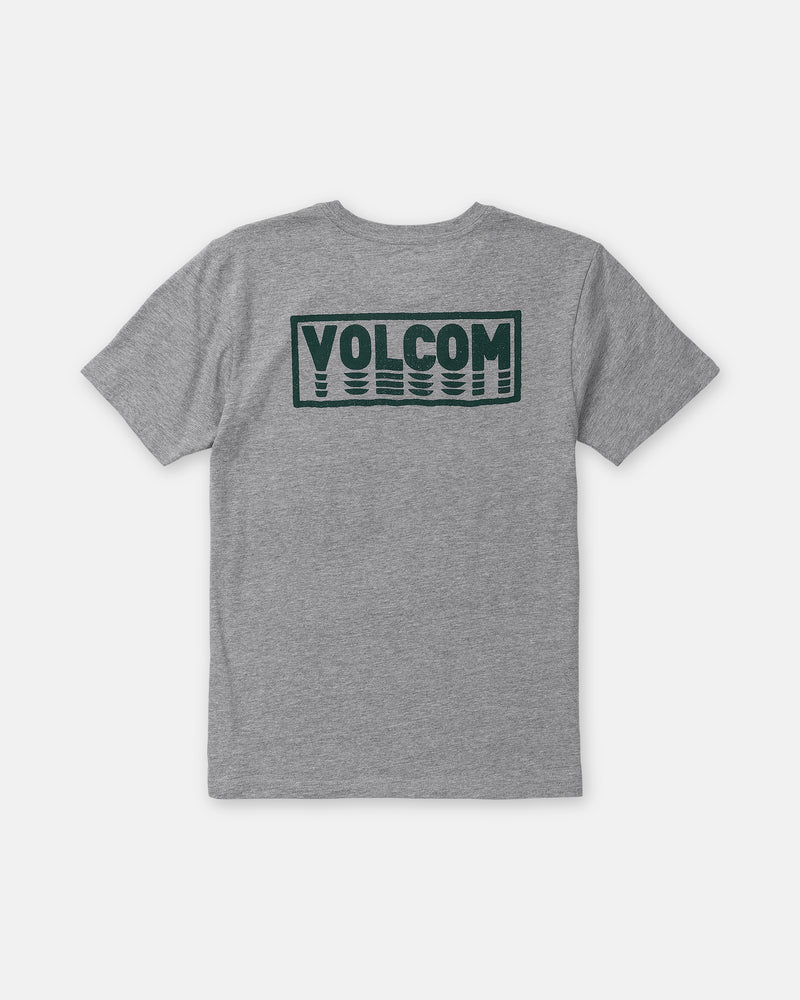 A heather gray Boy’s Quadratic Short Sleeve Tee by Volcom, shown from the back with a bold dark green rectangular VOLCOM logo and graphic near the shoulders in a modern fit.