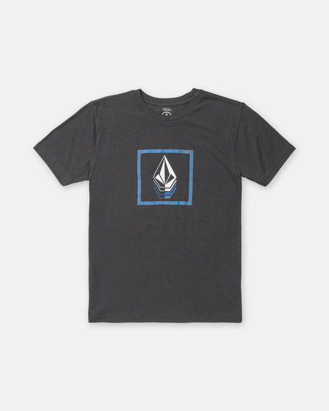 The Volcom Boy’s Quadratic Short Sleeve Tee is a medium-weight, dark gray shirt with a modern fit, featuring a blue square and white geometric logo graphic on the chest, shown on a white background.