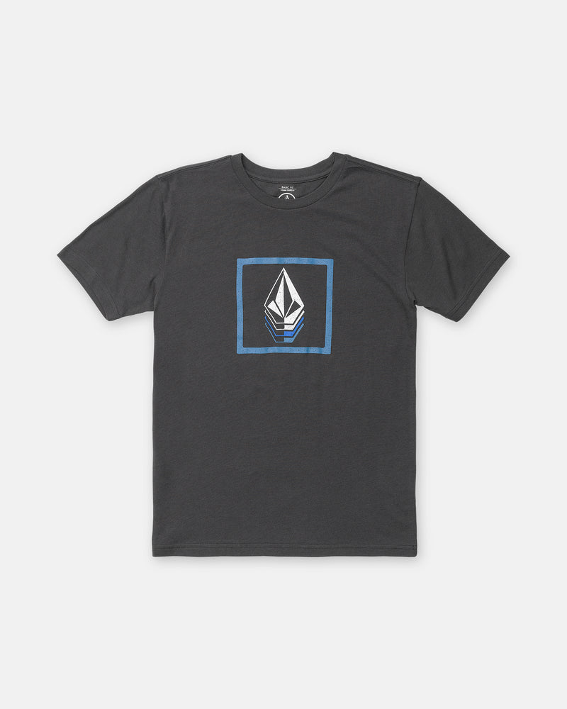 The Volcom Boy’s Quadratic Short Sleeve Tee is a medium-weight, dark gray shirt with a modern fit, featuring a blue square and white geometric logo graphic on the chest, shown on a white background.