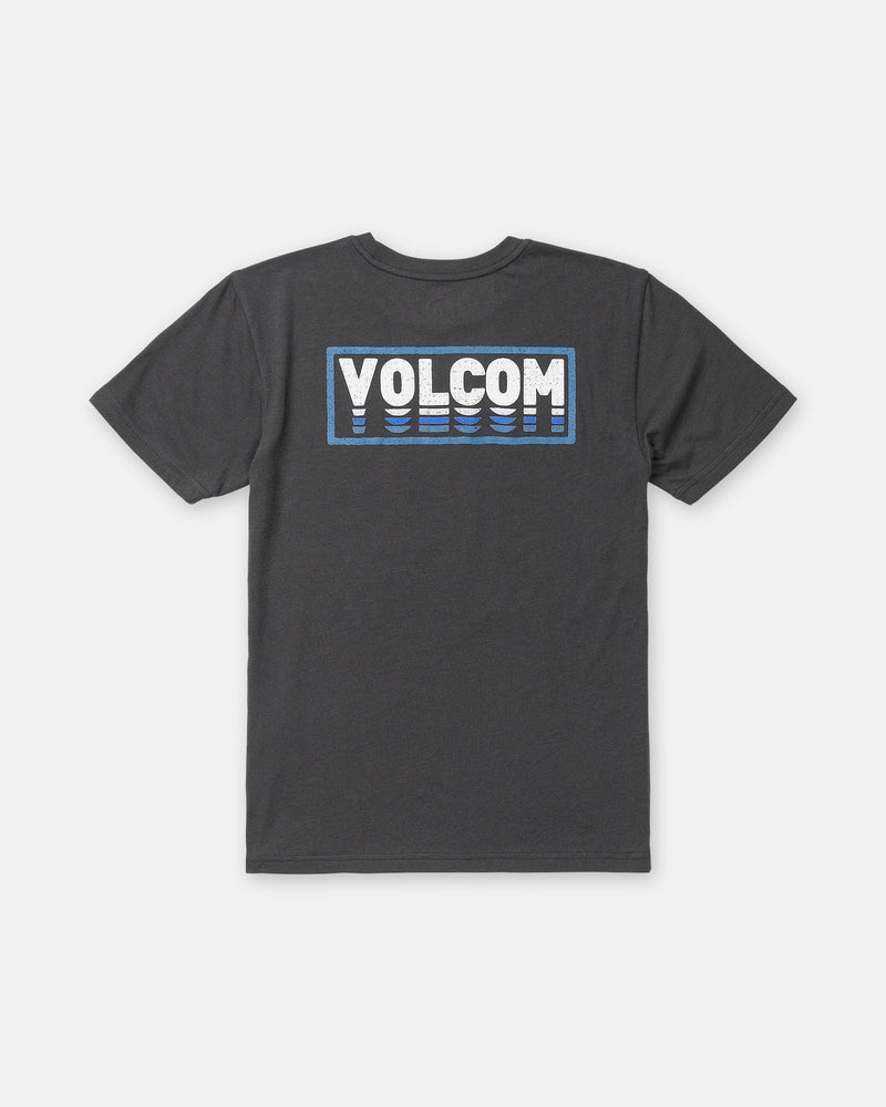 Black Boy’s Quadratic Short Sleeve Tee by Volcom with a large white VOLCOM logo over blue and white stripes on the back, modern fit, medium weight, shown flat on a white background.