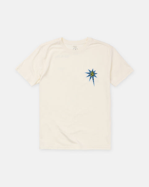 The Boy’s Op Blast Short Sleeve Tee by Volcom features a modern fit in plain white with a small blue and yellow starburst graphic on the left chest, shown on a white background.