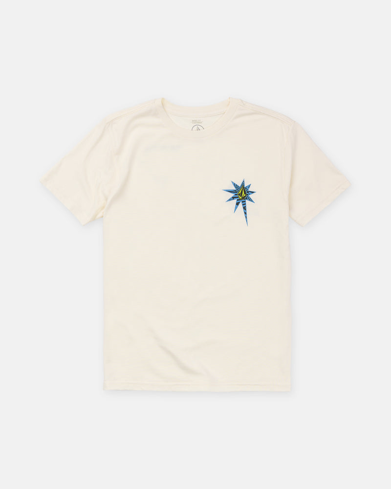 The Boy’s Op Blast Short Sleeve Tee by Volcom features a modern fit in plain white with a small blue and yellow starburst graphic on the left chest, shown on a white background.