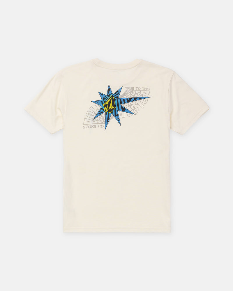 The Boy’s Op Blast Short Sleeve Tee by Volcom features a large blue star and Stone Co text on the back, plus True to This in gray. Modern fit; shown flat on a white background.