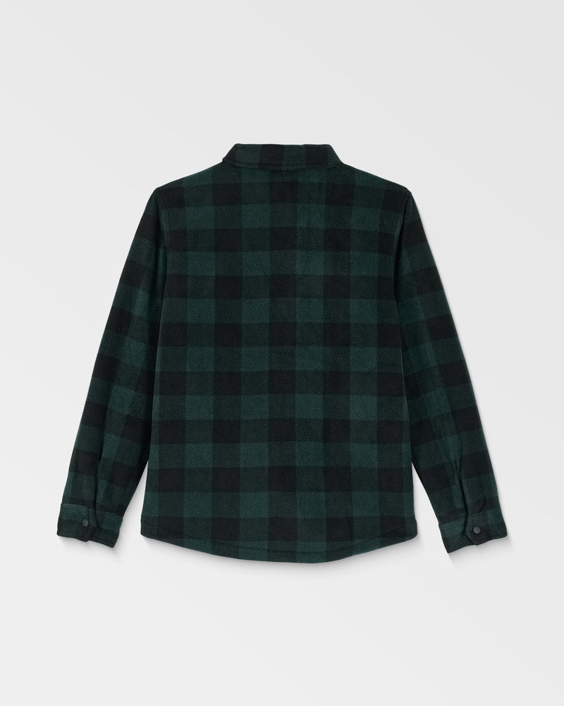The Volcom Kids' Big Boys' Bowered Fleece Long Sleeve shirt features a green and black checkered pattern, shown from the back on a white background with a collar and buttoned cuffs.