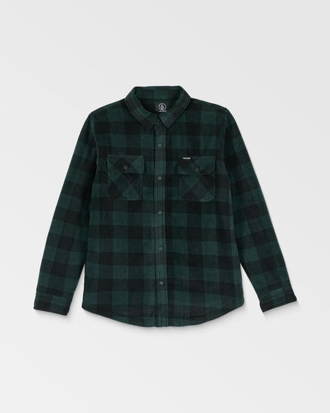 The Volcom Kids' Big Boys' Bowered Fleece Long Sleeve shirt, featuring a black and dark green checkered pattern and two chest pockets, is laid flat on a white background.