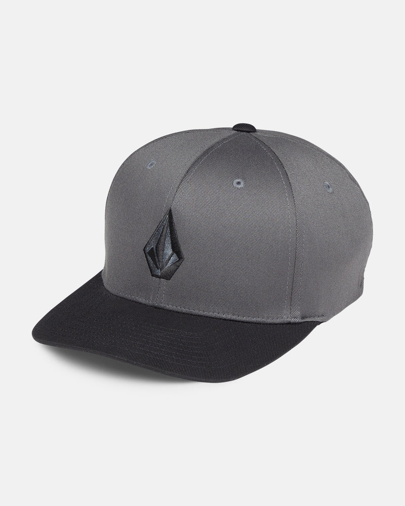 The Volcom Men's Full Stone Flexfit Hat features a gray structured stretch twill design, black brim, and an embroidered black geometric logo on the front, shown against a plain white background.