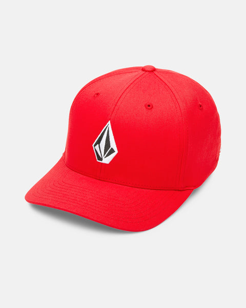 The Volcom Men's Full Stone Flexfit Hat is a bright red cap with a black and white geometric Volcom Stone logo on the front, shown against a plain white background.