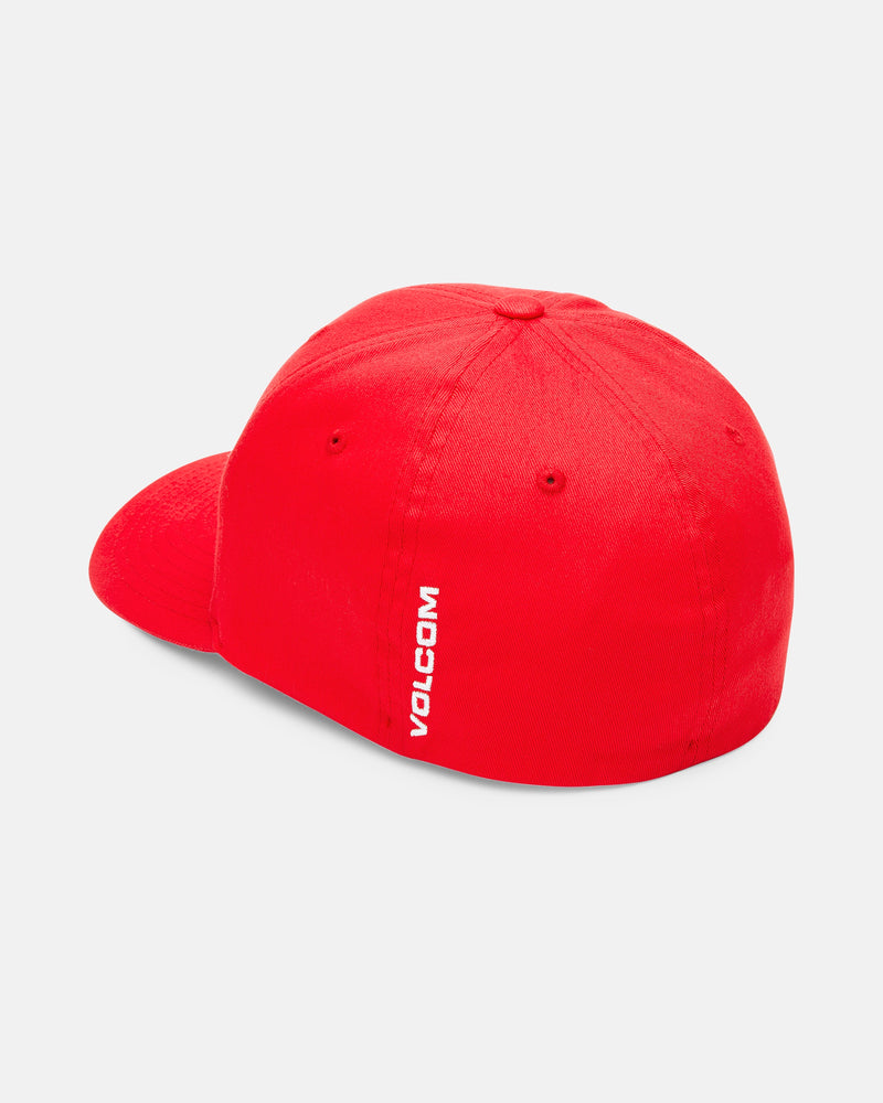 A bright red Men's Full Stone Flexfit Hat by Volcom is displayed from the back and side, featuring "VOLCOM" in white along the back left panel. This structured twill cap sits against a plain white background.