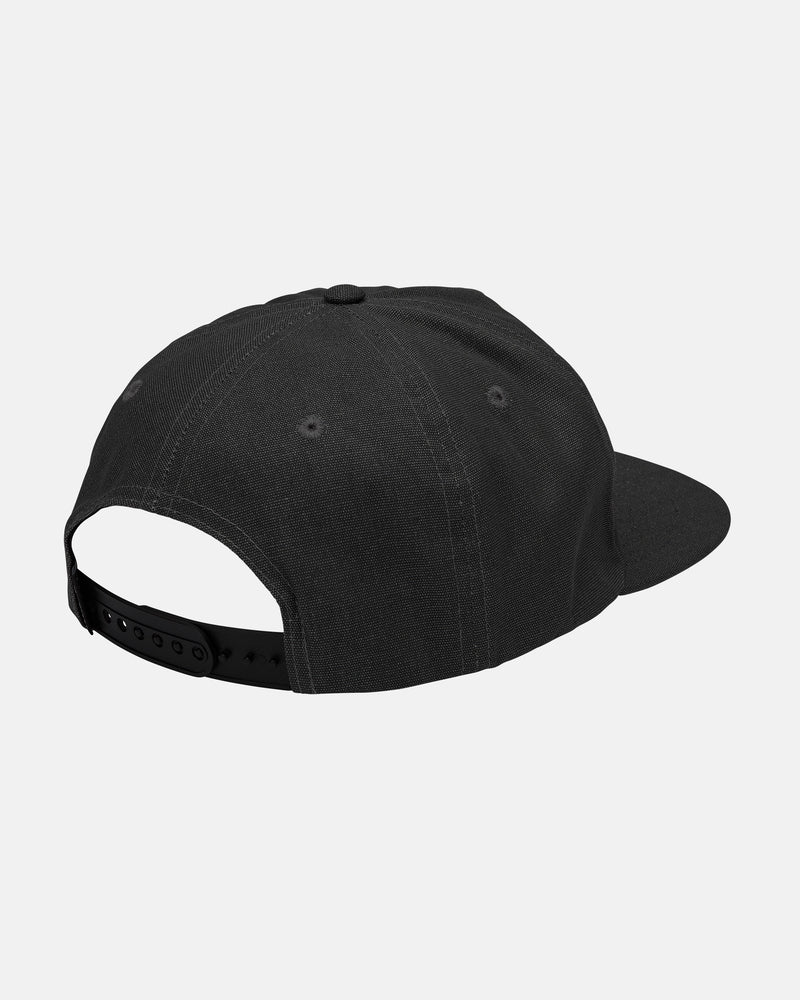 The Volcom Men's Workwear Adjustable Hat in black is shown from the back, featuring a curved brim and snapback closure. It's crafted from durable cotton workwear fabric and displayed against a light gray background.