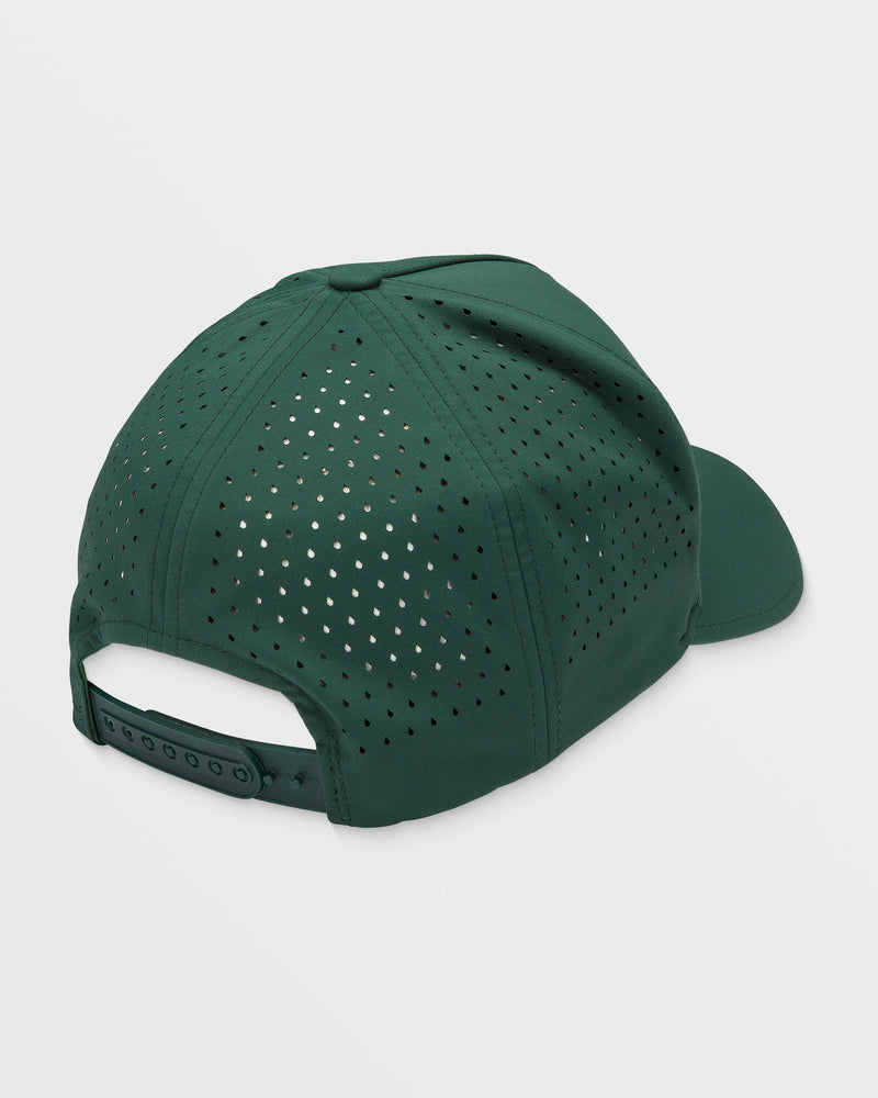 The Men's Stone Vented Adj Hat is a dark green baseball cap with a snapback closure, ventilation eyelets, and moisture-wicking fabric for lasting cool, comfortable wear.