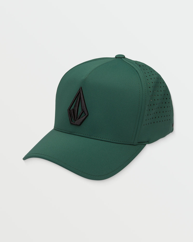 The Men's Stone Vented Adj Hat is a dark green snapback with a curved brim, black 3D embroidered logo on the front, and vented side panels, shown on a white background.