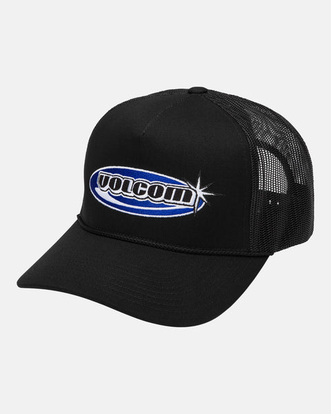 The Men's Road Tested Cheese Hat by Volcom is a black adjustable trucker hat with a polyester mesh snapback, curved bill, and blue and white Volcom logo embroidery featuring a starburst design on the front.