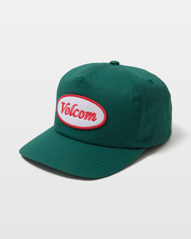 The Men's Petrolstone Adj Hat by Volcom is a green baseball cap with a curved brim, featuring a white oval patch outlined in red on the front with "Volcom" in red script, shown against a plain white background.