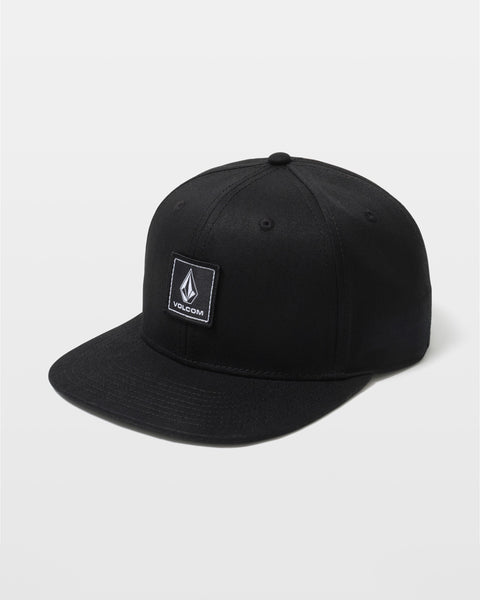 The Volcom Men's Quarter Evo Twill is a black snapback cap with a flat brim, featuring a square patch showcasing the white geometric Volcom logo and "Volcom" text on the front, displayed against a plain white background.