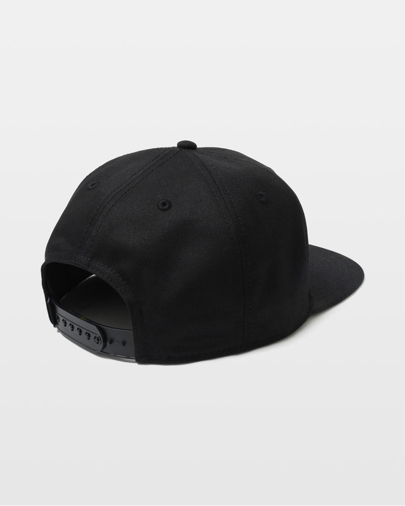 A black Volcom Men's Quarter Evo Twill snapback cap is shown from the back, with an adjustable plastic strap and curved brim, set against a plain white background.
