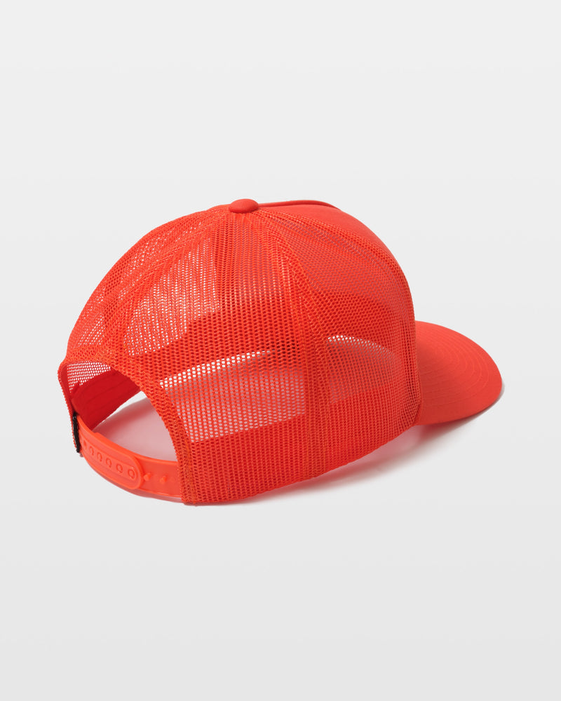 The Volcom Men's Stoney Trail Trucker is shown from the back, featuring a bright red mesh design, adjustable snapback strap, and curved brim, set against a plain white background.