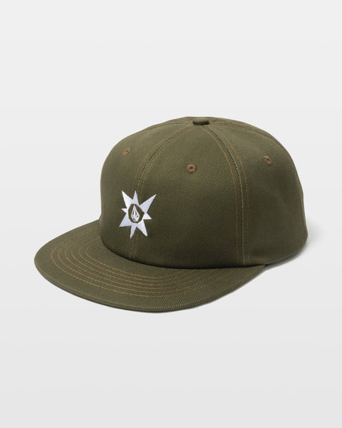 The Volcom Men's Povj Denim Sage Hat is a sage green 6-panel baseball cap with a flat brim, white starburst and triangle logo embroidery on the front, tan stitching, metal eyelets, and made from cotton twill.