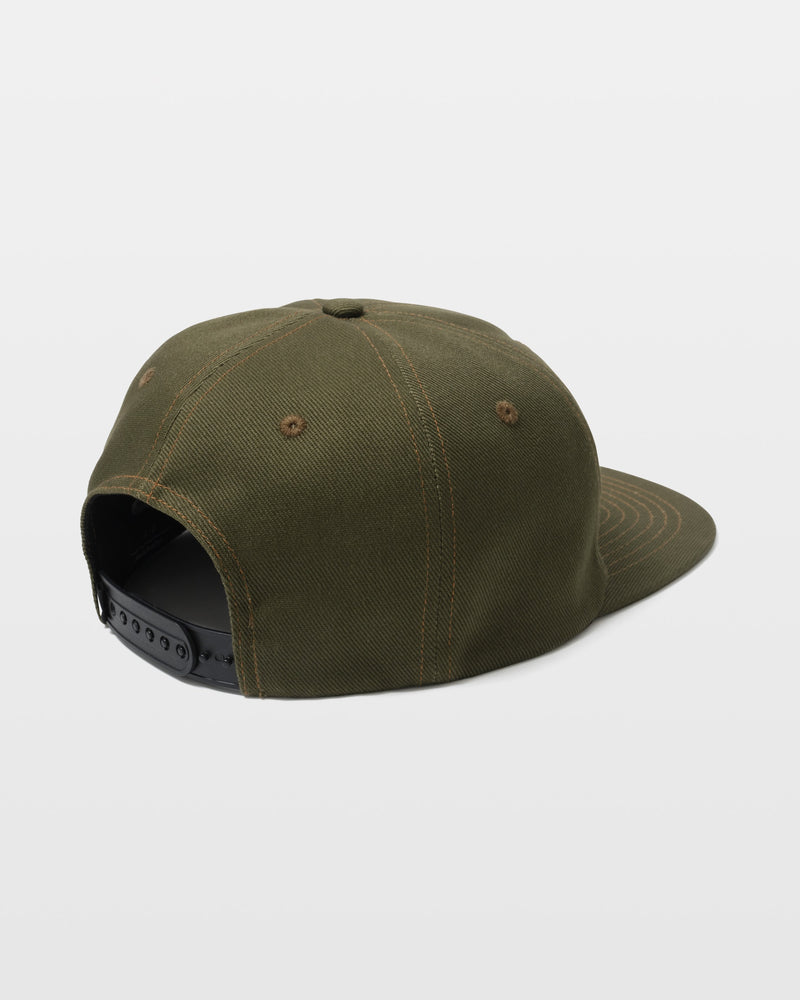 The Volcom Men's Povj Denim Sage Hat is shown from the back, highlighting its 6-panel design, adjustable black snapback strap, brown stitching accents, and durable cotton twill fabric. The cap's brim is partially visible.
