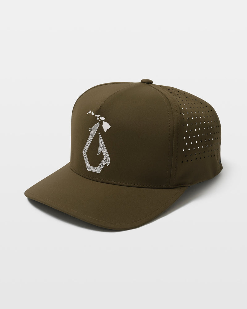 The Boy’s Hawaii Vented Delta Hat by Volcom is olive green with a white fish hook and Hawaiian Islands logo on the front, plus side ventilation holes.
