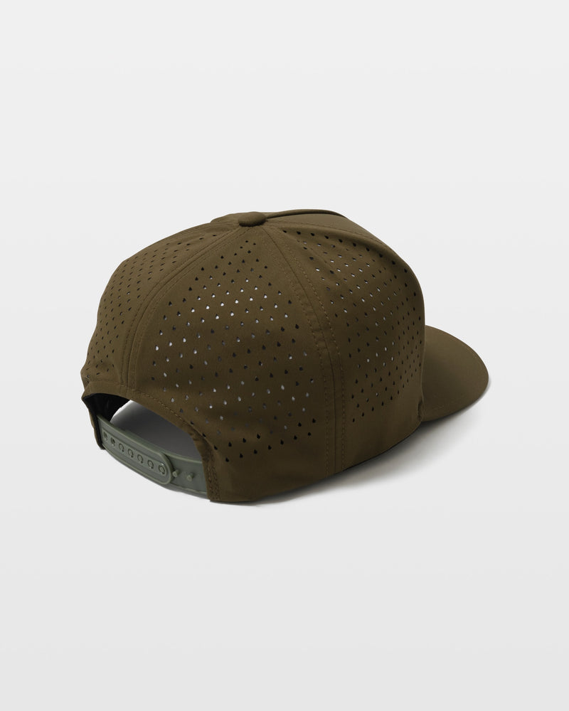 The Boy’s Hawaii Vented Delta Hat by Volcom is a brown snapback cap with small ventilation holes, shown from the back. It features a gray adjustable strap with notches for resizing.