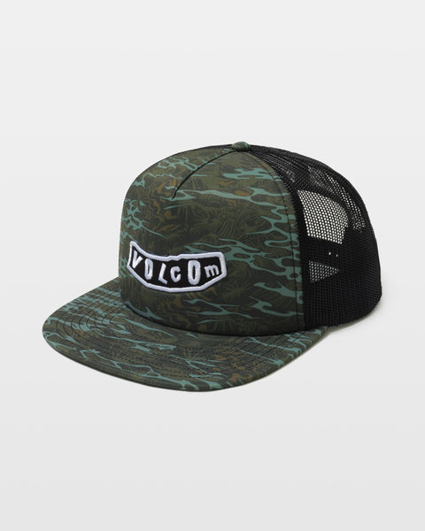 The Volcom Men's Featured Artist Parillo Trucker hat features a camouflage pattern, black mesh back, and a Volcom patch on the front, shown against a white background.