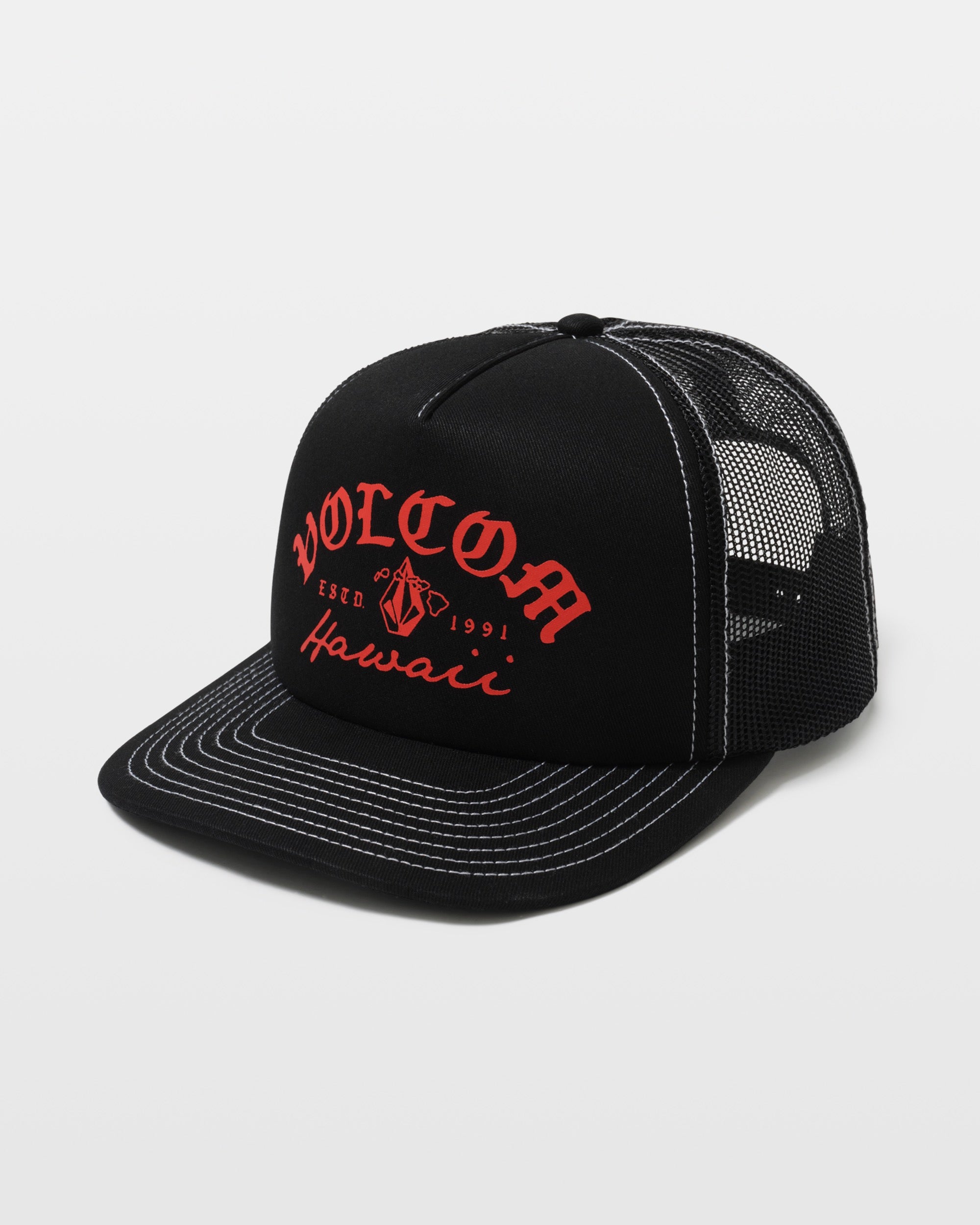 The Men's Over The Falls Cheese by Volcom is a black mesh trucker hat with white stitching, red VOLCOM text, a logo, and "ESTD 1991" above Hawaii on the front. It features a curved bill and mesh back.