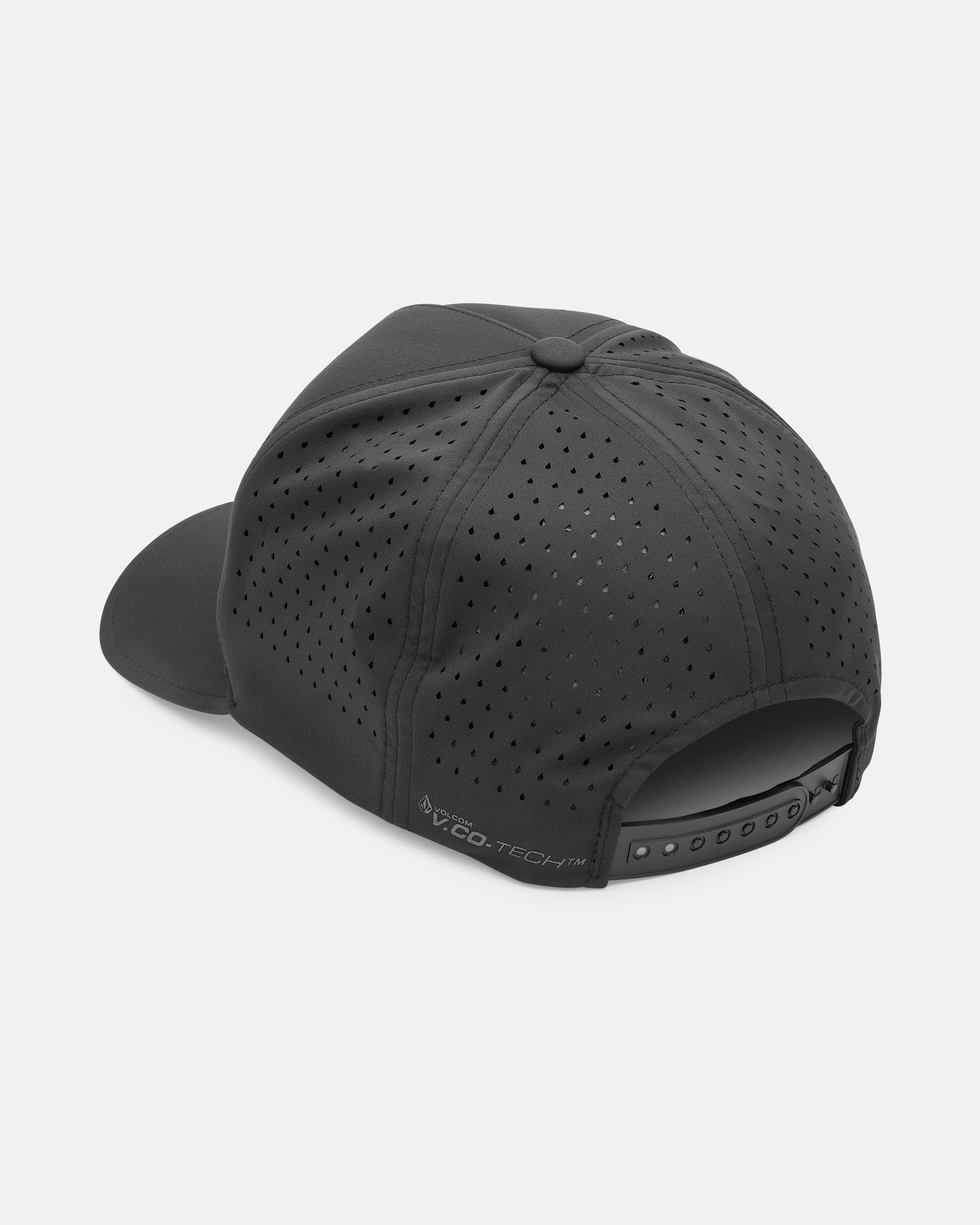 A black Men's Volcom Vent Delta Adjustable hat features small perforated holes across its 5-panel design, an adjustable snapback closure, and the V.Co-Tech RESIST logo near the back.